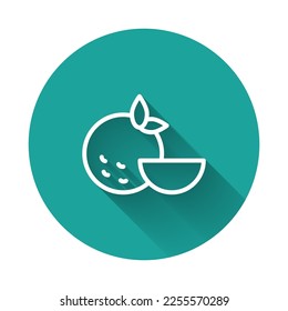 White line Orange fruit icon isolated with long shadow. Green circle button. Vector