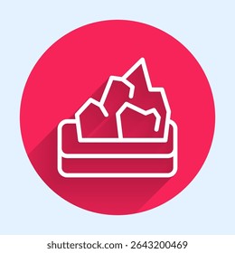 White line Ore mining icon isolated with long shadow background. Red circle button. Vector