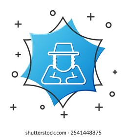 Sombrero judío ortodoxo de la línea blanca con el icono de los sidelocks aislado en el fondo blanco. Hombres judíos con la vestimenta tradicional. Símbolos del judaísmo. Botón hexagonal azul. Vector