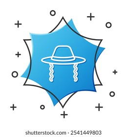 Sombrero judío ortodoxo de la línea blanca con el icono de los sidelocks aislado en el fondo blanco. Hombres judíos con la vestimenta tradicional. Símbolos del judaísmo. Botón hexagonal azul. Vector