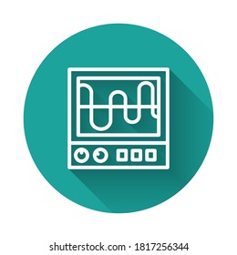 White line Oscilloscope measurement signal wave icon isolated with long shadow. Green circle button. Vector.