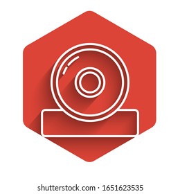 White line Otolaryngological head reflector icon isolated with long shadow. Equipment for inspection the patient's ear, throat and nose. Red hexagon button. Vector Illustration