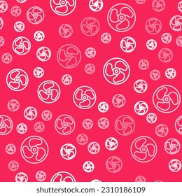 White line Outboard boat motor icon isolated seamless pattern on red background. Boat engine.  Vector