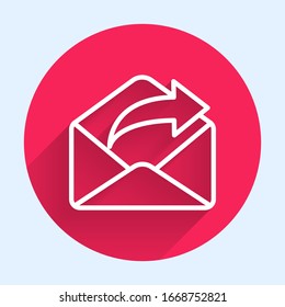 White line Outgoing mail icon isolated with long shadow. Envelope symbol. Outgoing message sign. Mail navigation button. Red circle button. Vector Illustration
