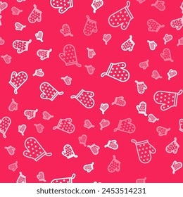 White line Oven glove icon isolated seamless pattern on red background. Kitchen potholder sign. Cooking glove.  Vector