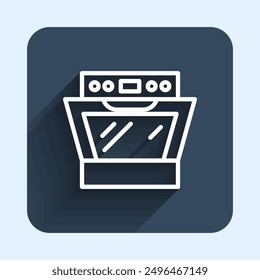 White line Oven icon isolated with long shadow background. Stove gas oven sign. Blue square button. Vector