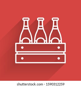 White line Pack of beer bottles icon isolated with long shadow. Wooden box and beer bottles. Case crate beer box sign.  Vector Illustration