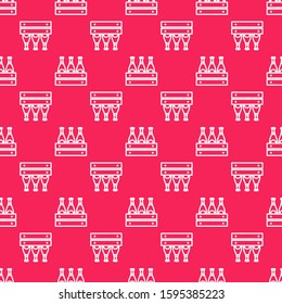White line Pack of beer bottles icon isolated seamless pattern on red background. Wooden box and beer bottles. Case crate beer box sign.  Vector Illustration
