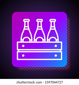 White line Pack of beer bottles icon isolated on black background. Wooden box and beer bottles. Case crate beer box sign. Square color button. Vector Illustration