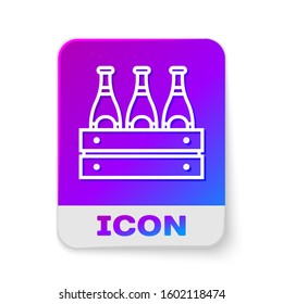 White line Pack of beer bottles icon isolated on white background. Wooden box and beer bottles. Case crate beer box sign. Rectangle color button. Vector Illustration