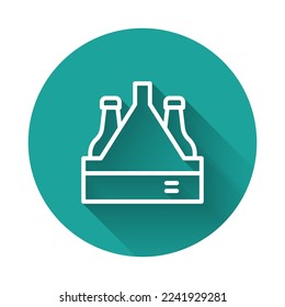 White line Pack of beer bottles icon isolated with long shadow background. Case crate beer box sign. Green circle button. Vector