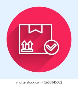White line Package box with check mark icon isolated with long shadow. Parcel box. Approved delivery or successful package receipt. Red circle button. Vector Illustration
