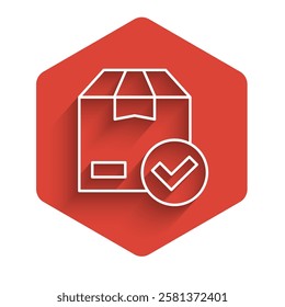 White line Package box with check mark icon isolated with long shadow background. Parcel box with checkmark. Approved delivery or successful package receipt. Red hexagon button. Vector