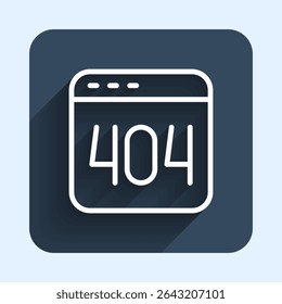 White line Page with a 404 error icon isolated with long shadow background. Template reports that the page is not found. Blue square button. Vector