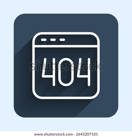 White line Page with a 404 error icon isolated with long shadow background. Template reports that the page is not found. Blue square button. Vector