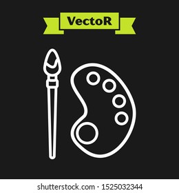 White line Paint brush with palette icon isolated on black background.  Vector Illustration
