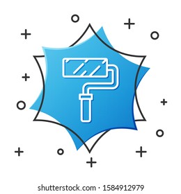 White line Paint roller brush icon isolated on white background. Blue hexagon button. Vector Illustration