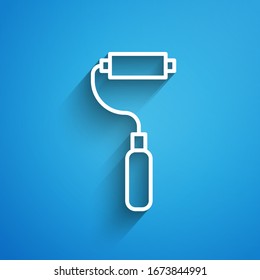 White line Paint roller brush icon isolated on blue background. Long shadow. Vector Illustration