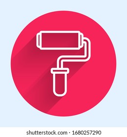 White line Paint roller brush icon isolated with long shadow. Red circle button. Vector Illustration