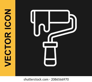 White line Paint roller brush icon isolated on black background.  Vector