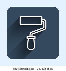 Icono de pincel de rodillos de pintura de línea blanca aislado con fondo de sombra largo. Botón cuadrado azul. Vector