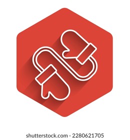 White line Pair of knitted christmas mittens icon isolated with long shadow. Mitten icon. Merry Christmas and Happy New Year. Red hexagon button. Vector Illustration