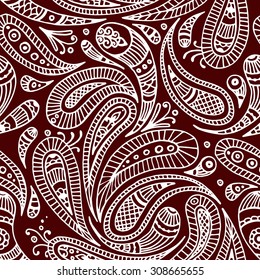 White line paisley seamless pattern, wine red background