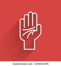 White line Palmistry of the hand icon isolated with long shadow.  Vector Illustration