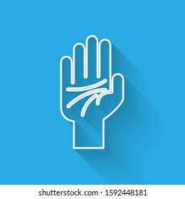 White line Palmistry of the hand icon isolated with long shadow.  Vector Illustration