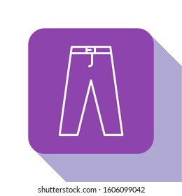 White line Pants icon isolated on white background. Purple square button. Vector Illustration
