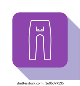 White line Pants icon isolated on white background. Purple square button. Vector Illustration