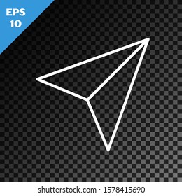 White line Paper airplane icon isolated on transparent dark background.  Vector Illustration