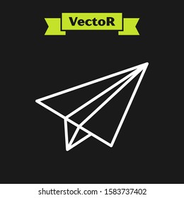 White line Paper airplane icon isolated on black background.  Vector Illustration