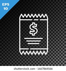 White line Paper check and financial check icon isolated on transparent dark background. Paper print check, shop receipt or bill.  Vector Illustration