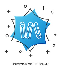 White line Paper clip icon isolated on white background. Blue hexagon button. Vector Illustration