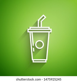 White line Paper glass with drinking straw and water icon isolated on green background. Soda drink glass. Fresh cold beverage symbol.  Vector Illustration
