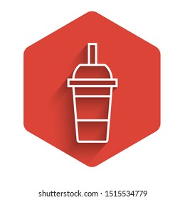 White line Paper glass with drinking straw and water icon isolated with long shadow. Soda drink glass. Fresh cold beverage symbol. Red hexagon button. Vector Illustration