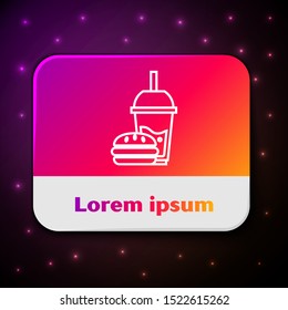 White line Paper glass with drinking straw and burger icon isolated on black background. Soda aqua drink sign. Hamburger, cheeseburger sandwich. Rectangle color button. Vector Illustration