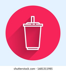 White line Paper glass with drinking straw and water icon isolated with long shadow. Soda drink glass. Fresh cold beverage symbol. Red circle button. Vector Illustration