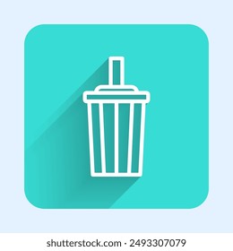 White line Paper glass with drinking straw and water icon isolated with long shadow background. Soda drink glass. Fresh cold beverage symbol. Green square button. Vector