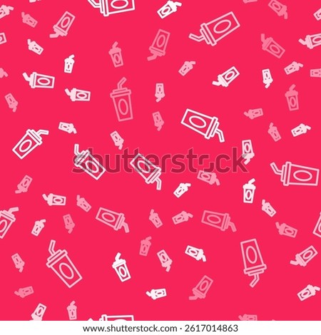 White line Paper glass with drinking straw and water icon isolated seamless pattern on red background. Soda drink glass. Fresh cold beverage symbol.  Vector