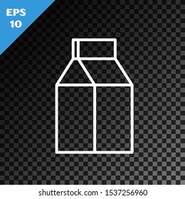 White line Paper package for milk icon isolated on transparent dark background. Milk packet sign.  Vector Illustration