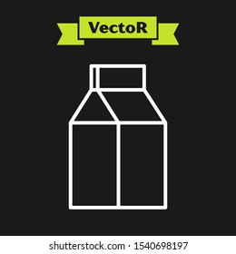 White line Paper package for milk icon isolated on black background. Milk packet sign.  Vector Illustration