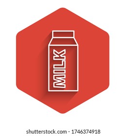 White line Paper package for milk icon isolated with long shadow. Milk packet sign. Red hexagon button. Vector