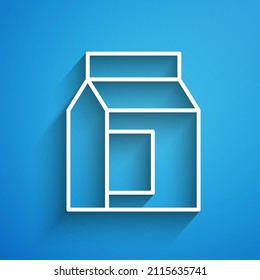 Paquete de papel de línea blanca para icono de leche aislado en fondo azul. Signo de paquete de leche. Larga sombra. Vector