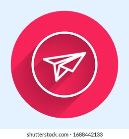 White line Paper plane icon isolated with long shadow. Paper airplane icon. Messenger concept. Red circle button. Vector Illustration