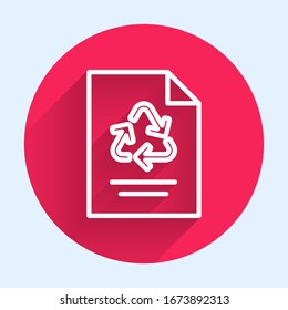 White line Paper with recycle icon isolated with long shadow. Red circle button. Vector Illustration