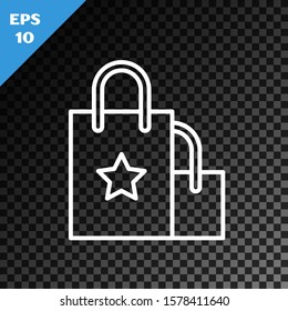 White line Paper shopping bag icon isolated on transparent dark background. Package sign.  Vector Illustration