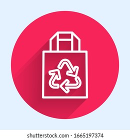 White line Paper shopping bag with recycle icon isolated with long shadow. Bag with recycling symbol. Red circle button. Vector Illustration