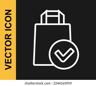 White line Paper shopping bag icon isolated on black background. Package sign.  Vector
